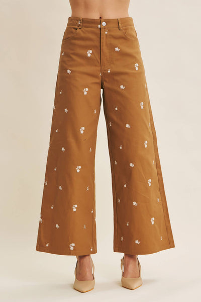 Embroidered Floral Cotton Spandex Pants