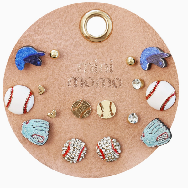 Assorted sports-themed stud earrings displayed on a white background, featuring designs like baseballs, mitts, and caps.