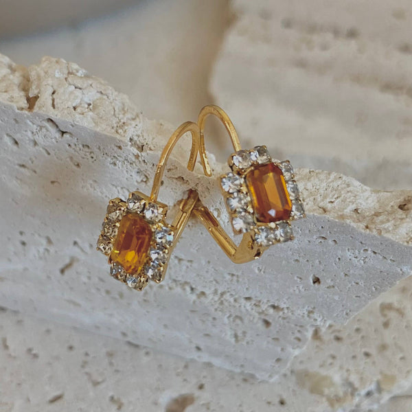 Amber Topaz color Rhinestones Dangle Earrings