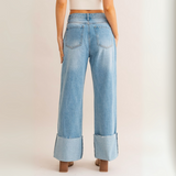 Back view of High Waist Wide Leg Cuffed Jeans with two back pockets