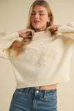 Mock Neck Balloon Sleeve Embroidered Sweater