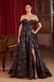 BLACK OFF THE SHOULDER BALL GOWN WITH FLORAL UNDERLAY