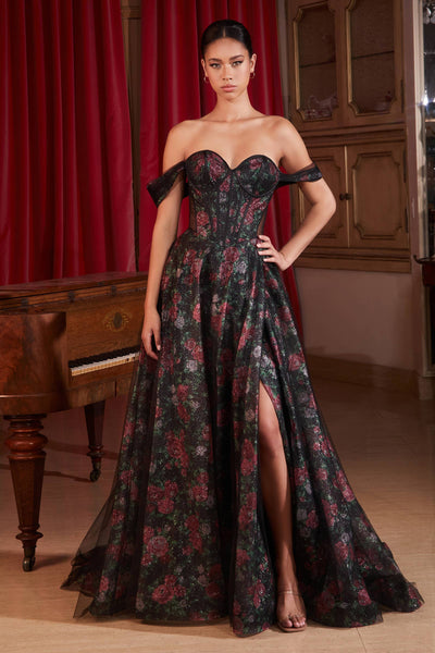 BLACK OFF THE SHOULDER BALL GOWN WITH FLORAL UNDERLAY
