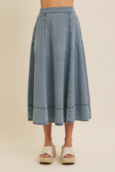 FLARE DENIM MIDI SKIRT WITH POCKETS