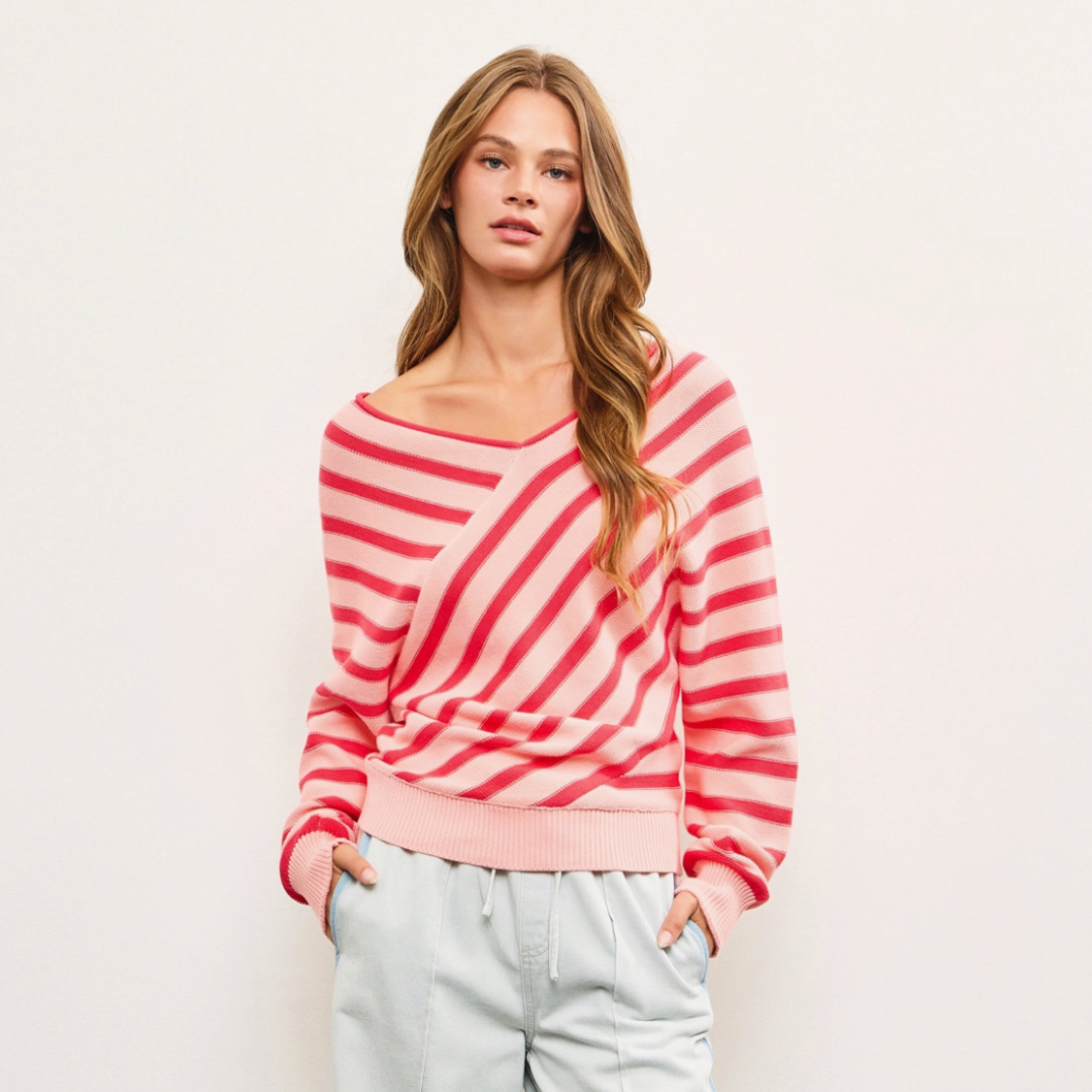 Cross Stripe V Neck Sweater Top - 100% Cotton Lightweight Knit 
