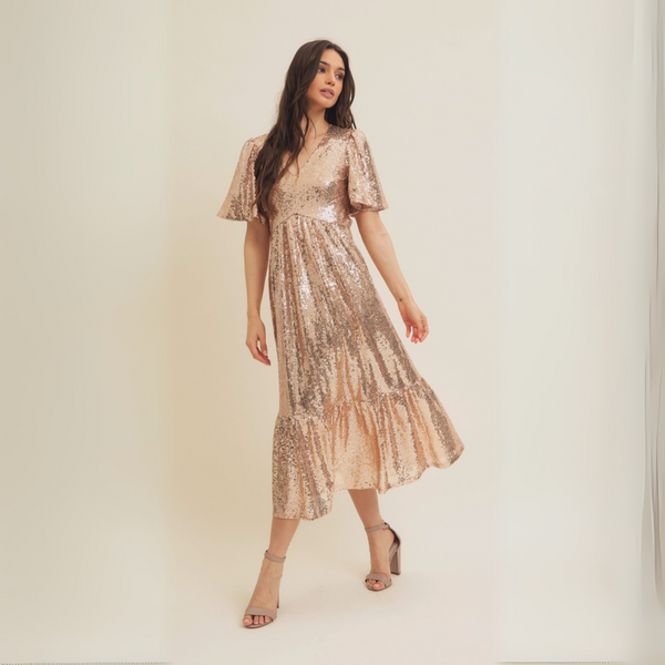 Sparkling Long Sleeved Sequin Midi Dress