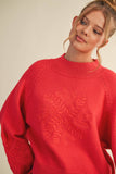 Mock Neck Balloon Sleeve Embroidered Sweater