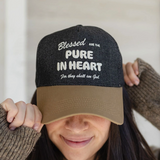 Front view of the "Blessed Are the Pure in Heart" snapback hat displaying the embroidered message.
