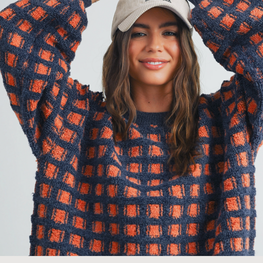 Checkered Oversized Sweater- Orange