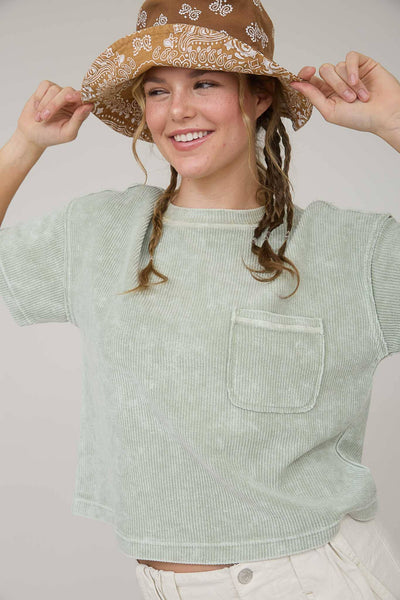 WASHED RIBBED SHORT SLEEVE TEE WITH POCKET (PRE-ORDER)