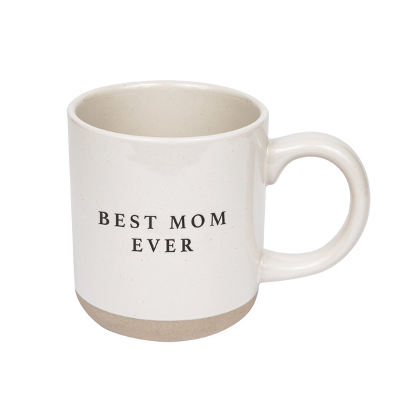 Neutral ceramic “Best Mom Ever” mug with black text and matte finish – 14oz stoneware coffee mug front view.