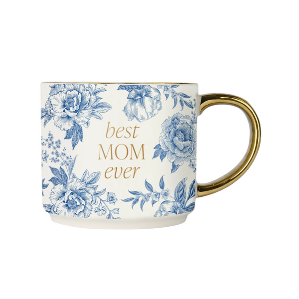 Blue and white floral “Best Mom Ever” ceramic mug with gold handle, 14oz – front product view.