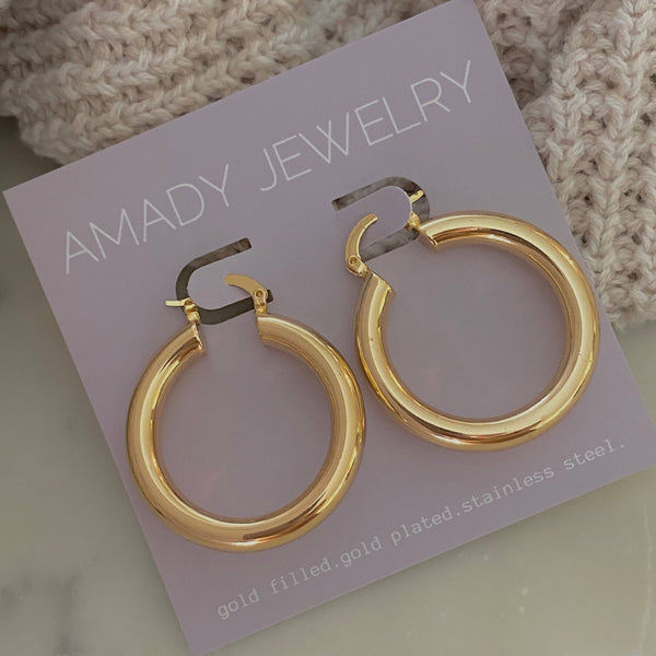 35mm Thick Hoop Earrings 18k Gold Filled Water Resistant