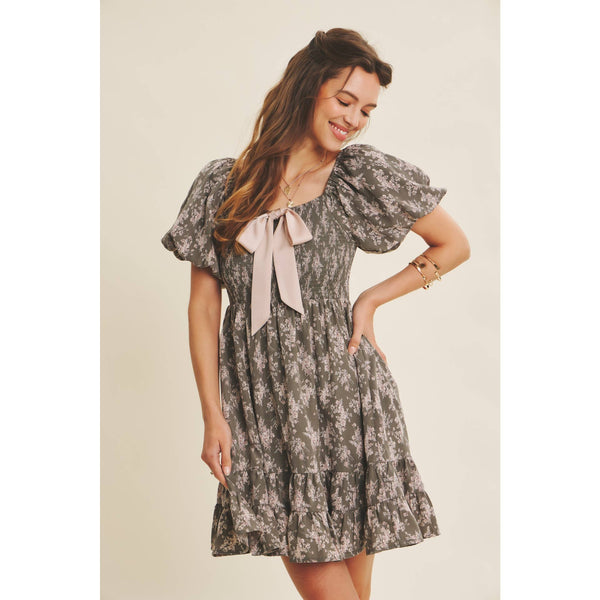 Floral Smocked Mini Dress with Contrast Bow
