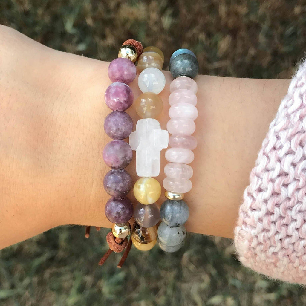 Israel White Crystal Cross Beaded Bracelet