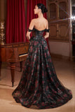 BLACK OFF THE SHOULDER BALL GOWN WITH FLORAL UNDERLAY
