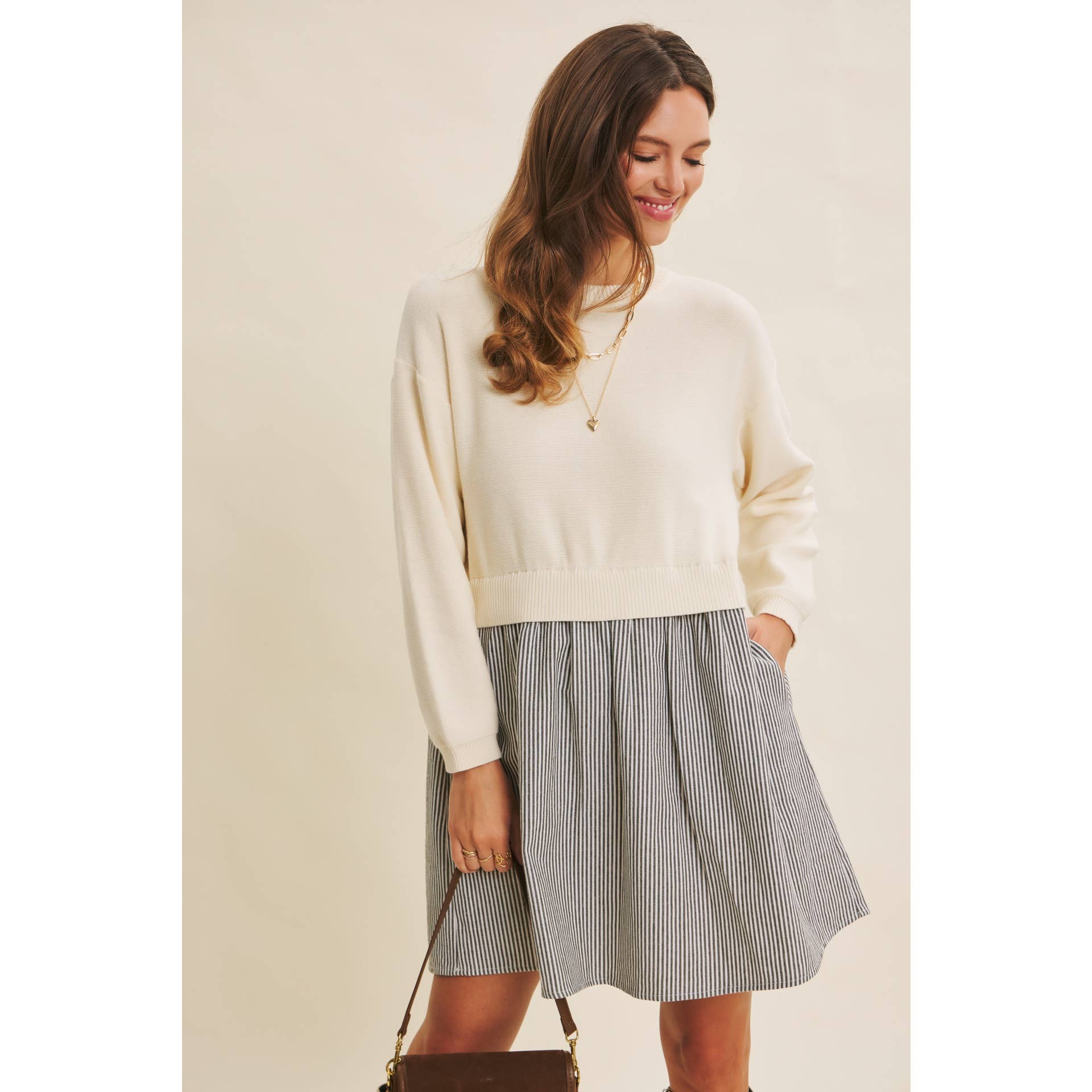 EASY COFFEE DATE BACK RIBBON TWOFER MINI SWEATER DRESS