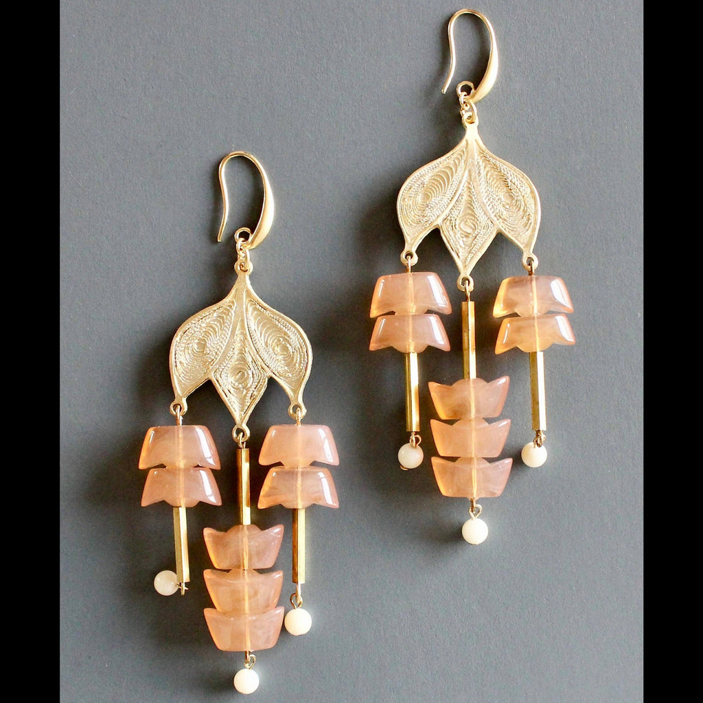 Peach glass and gold plate chandelier earrings