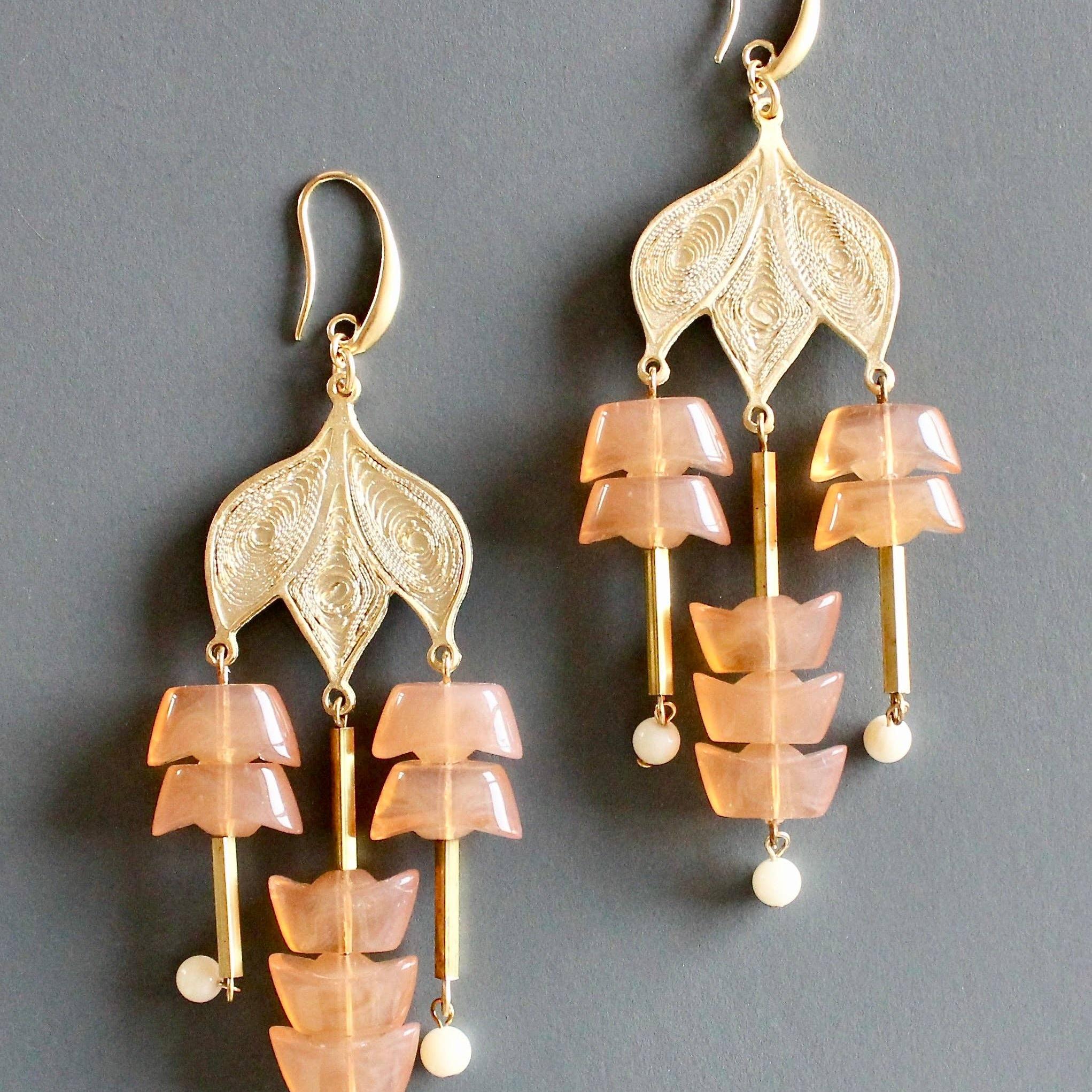 Peach glass and gold plate chandelier earrings