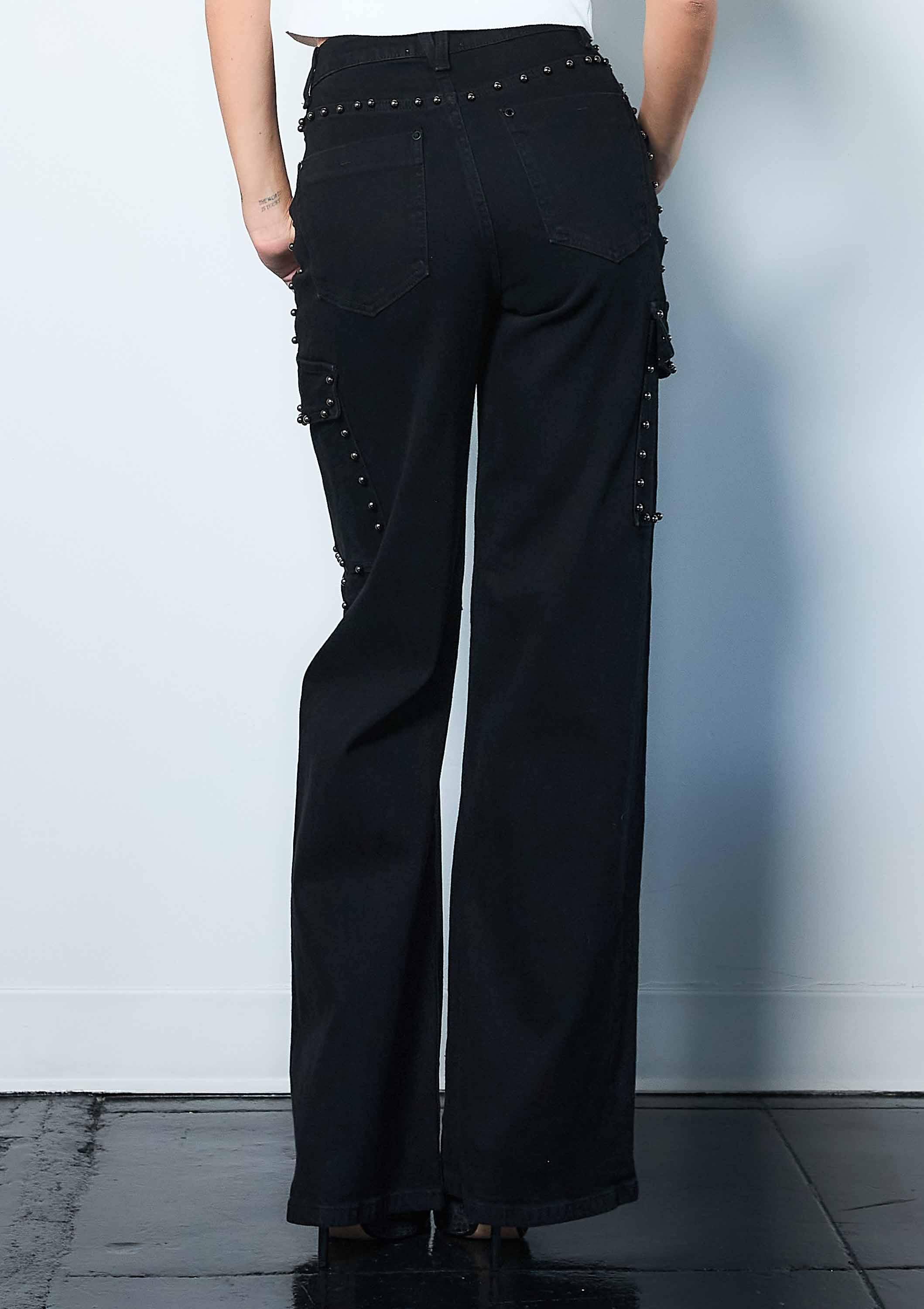 Silver Stud High-Rise Wide Leg Cargo Jeans
