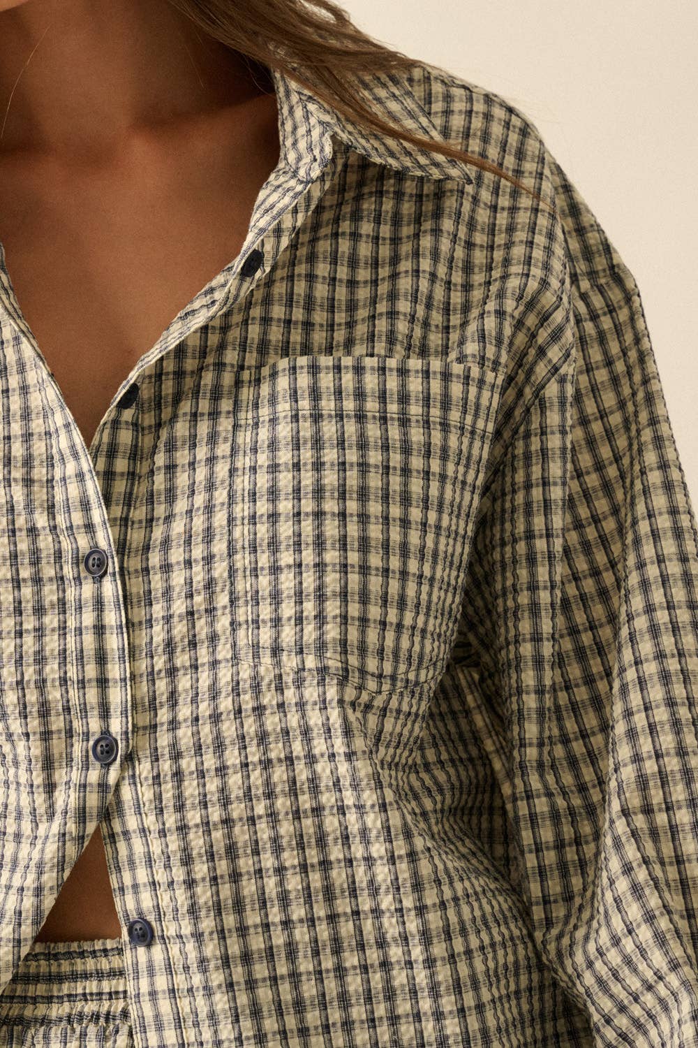 Plaid Textured Seersucker Oversize Button-Up Pocket Shirt