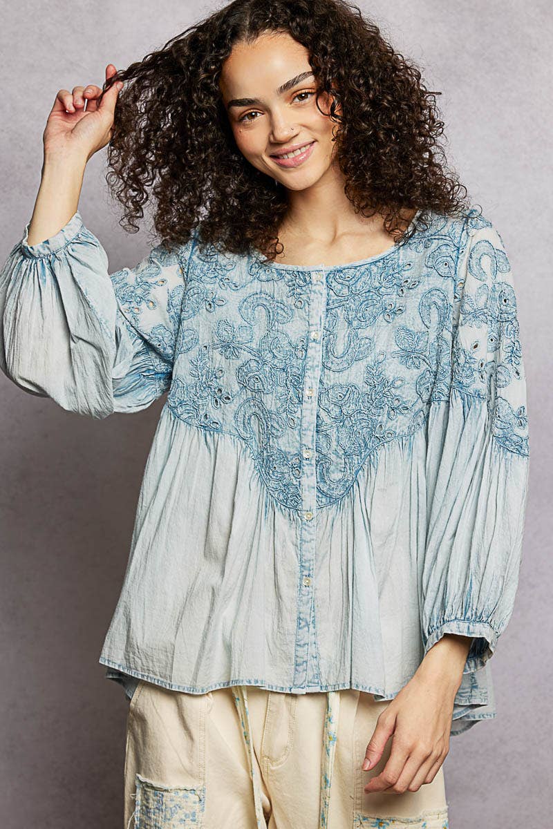 3/4 Sleeve Round Neck Vintage Washing Embroidered Shirt Top