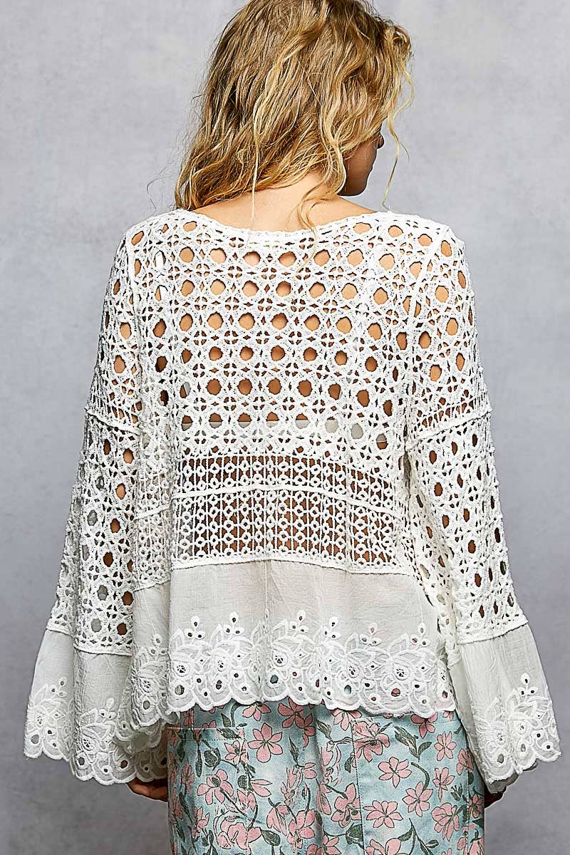 Long Sleeve Round Neck Women Crochet Top