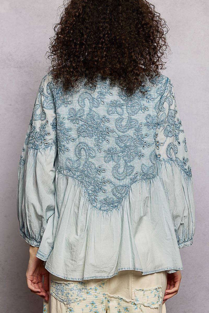 3/4 Sleeve Round Neck Vintage Washing Embroidered Shirt Top