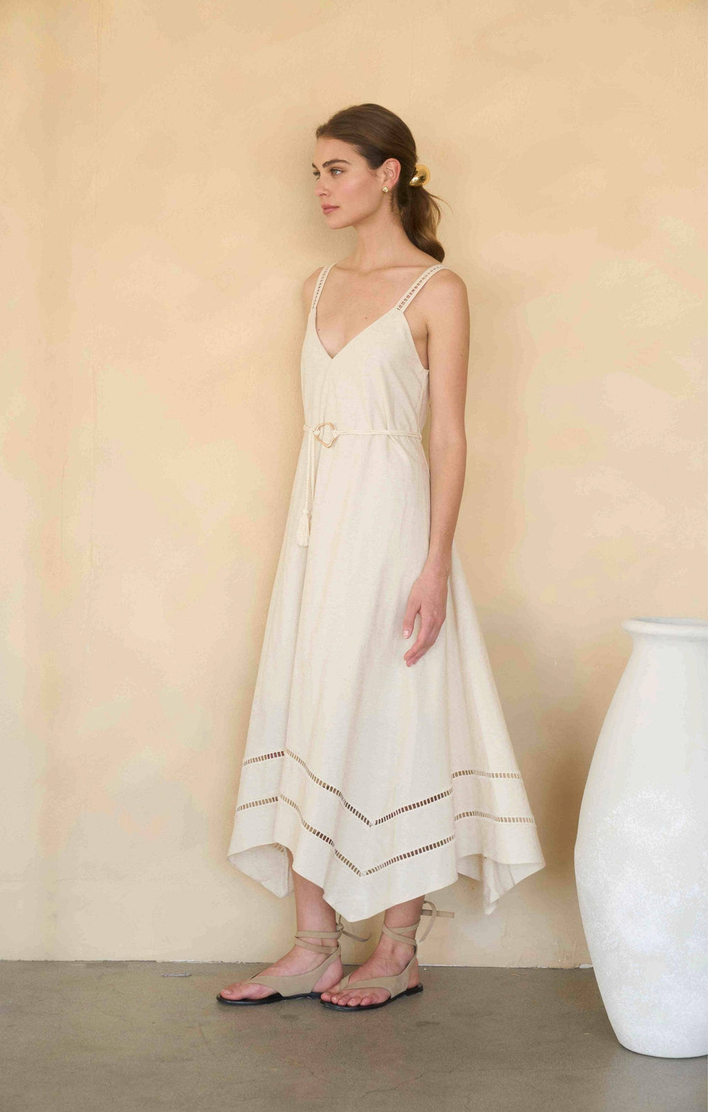 Sleeveless Asymmetric Hem Belted Midi Dress