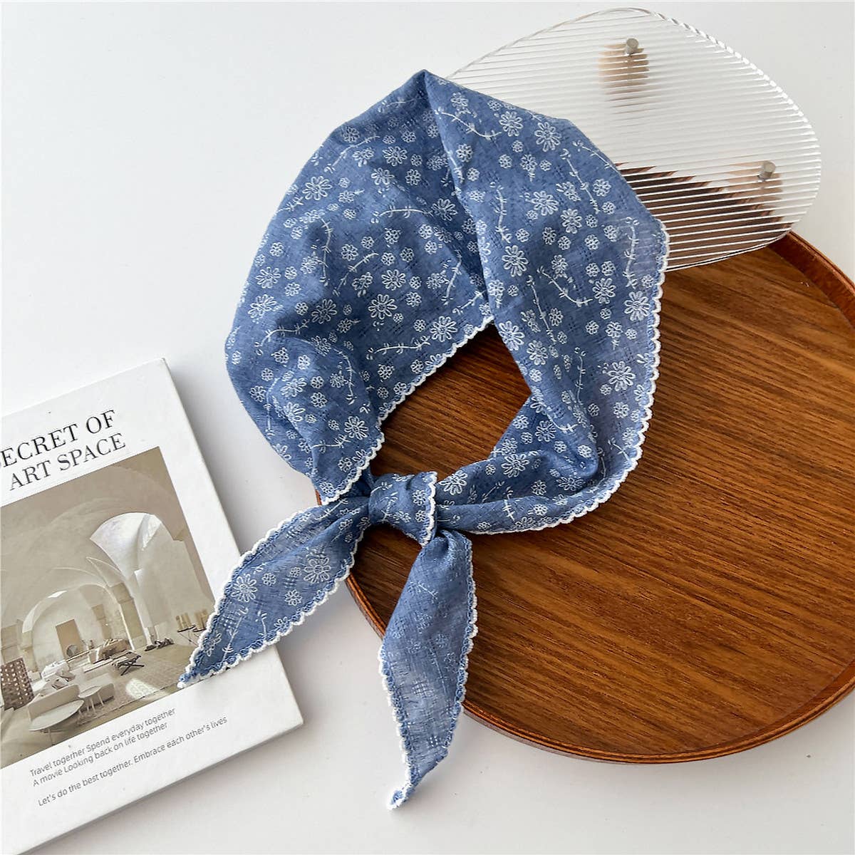 Lace Trim Cotton Linen Floral Triangle Scarf_CWASC0850