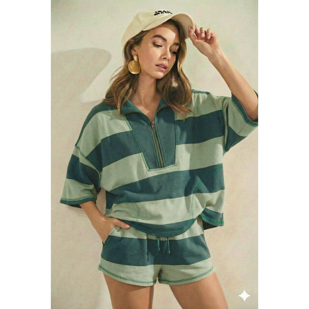 Vintage Striped Top With Front Zip Shorts Set