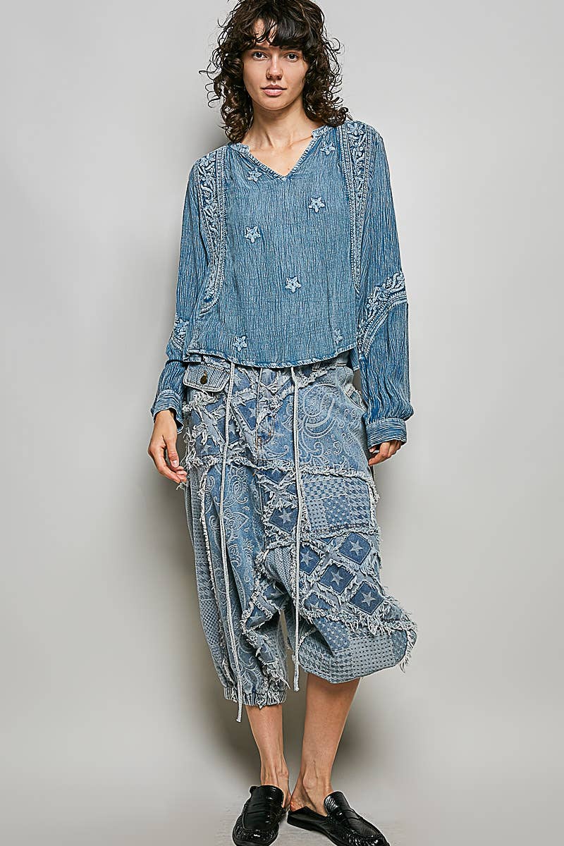 Vanessa V-neck Long Sleeve Floral Embroidered Cotton Woven Top