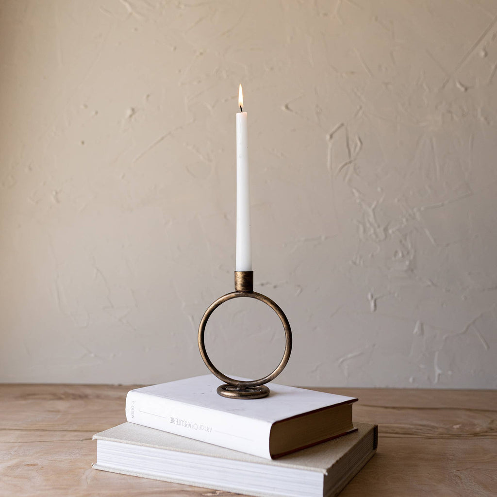 Kacela Brass Round Sculpture Taper Candle Holder Metal