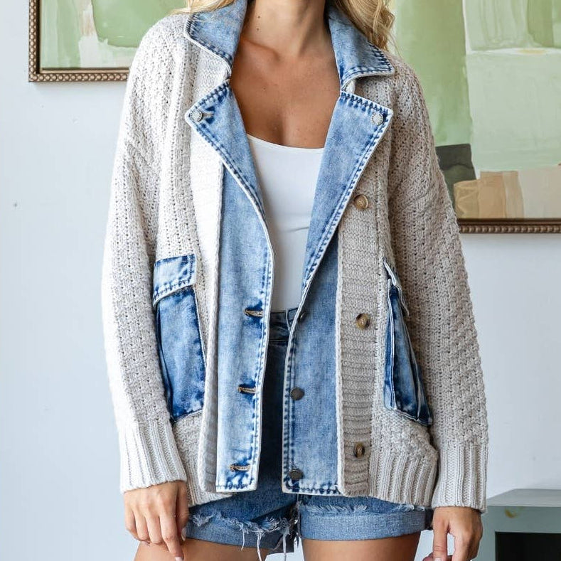 Customer in a layered outfit with a knitted cardigan and denim jacket inside a Christian clothing store in Lakeland, Florida.