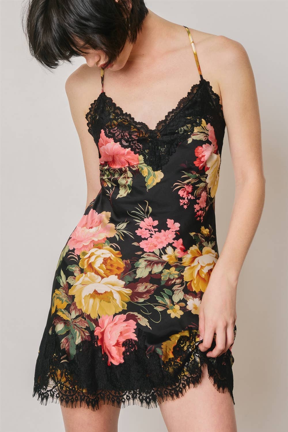 Floral Lace Trim Slip Mini Dress