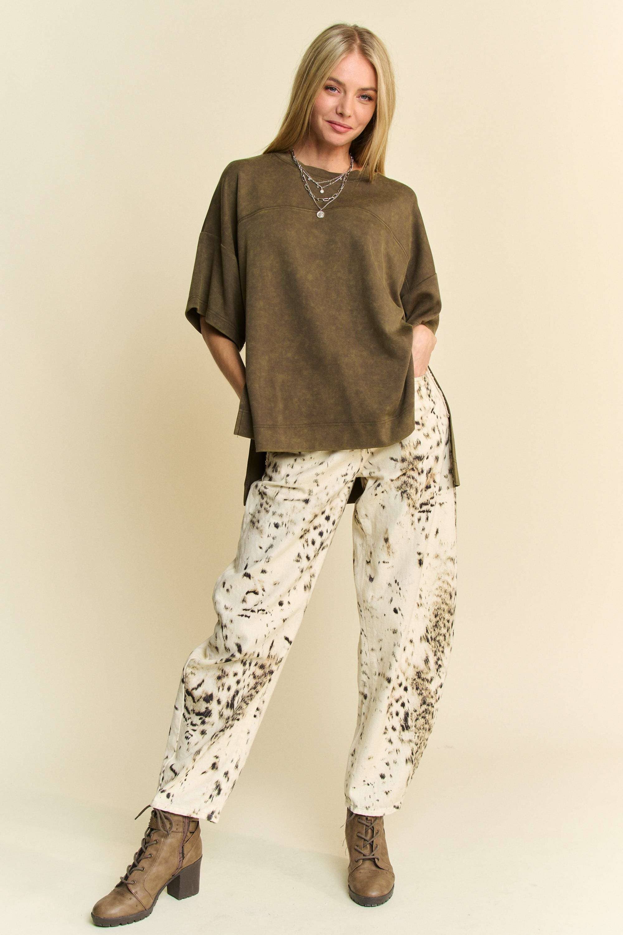 WASHED CREW NECK DROPPED DOLMAN SLEEVES TOP