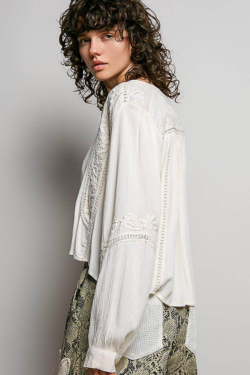 Vanessa V-neck Long Sleeve Floral Embroidered Cotton Woven Top