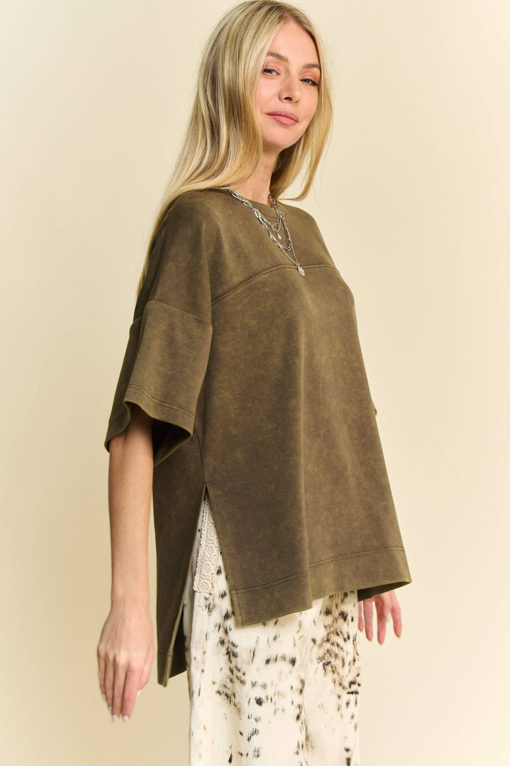 WASHED CREW NECK DROPPED DOLMAN SLEEVES TOP