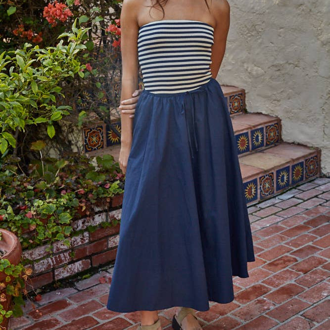 Cotton Drawstring Flare Midi Skirt