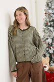 STRIPE RAW EDGE DROP SHOULDER KNIT CARDIGAN