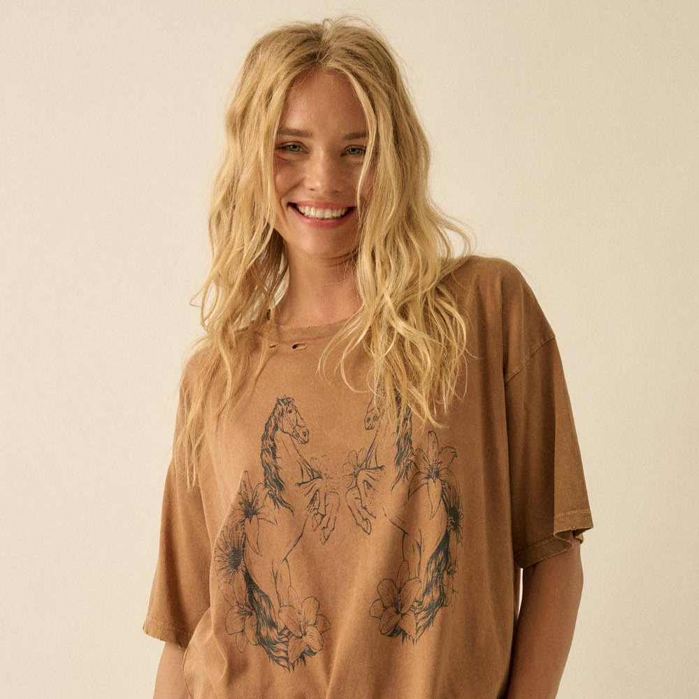 Horses and Flowers Distressed Oversize Graphic Tee