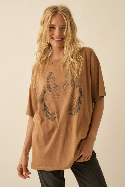 Horses and Flowers Distressed Oversize Graphic Tee