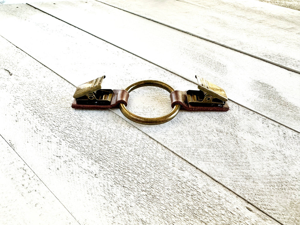Cinch Clip for Clothes Bronze w/ Studded Brown Leather Clasp
