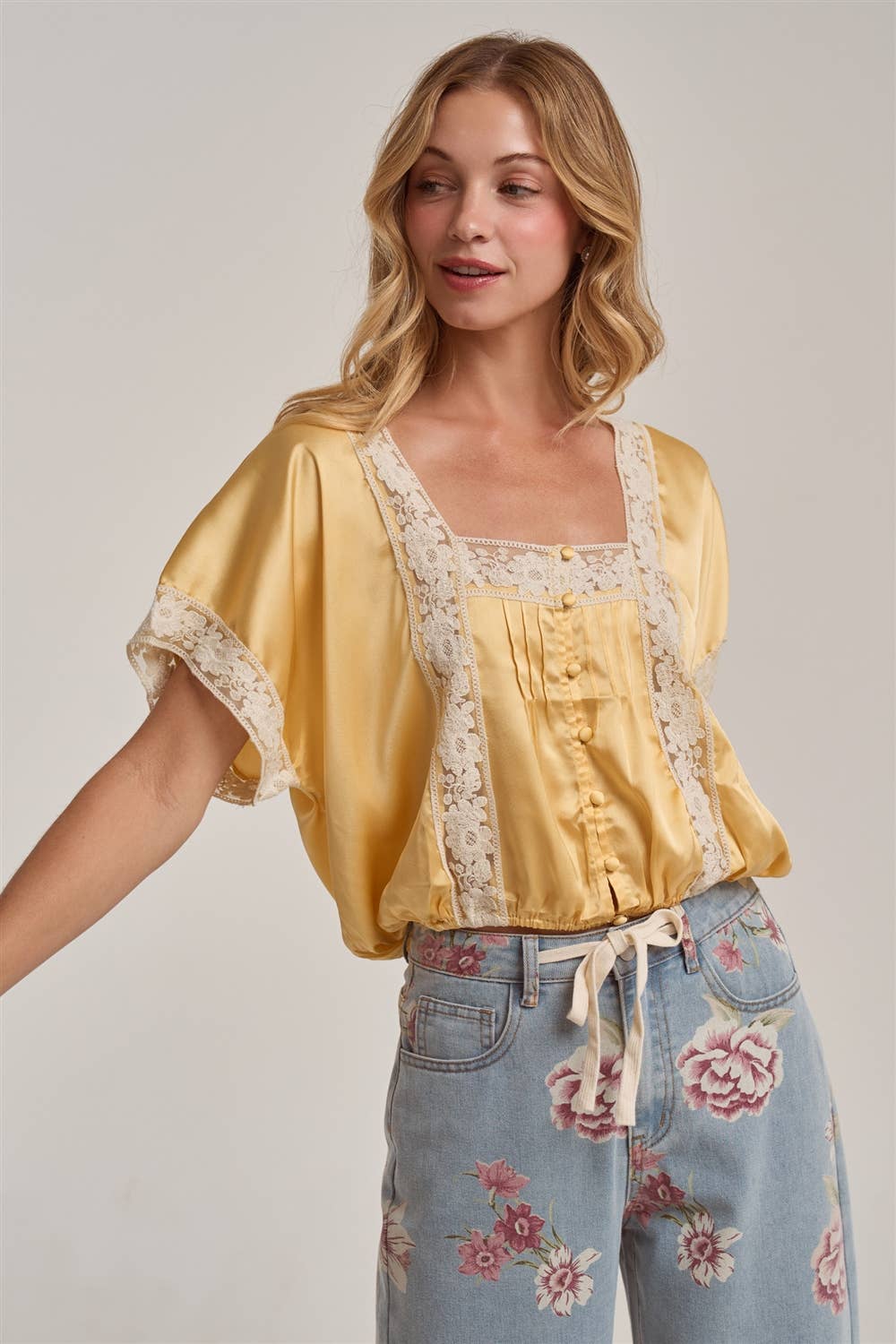 LACE TRIM SQUARE NECK SATIN BLOUSE TOP