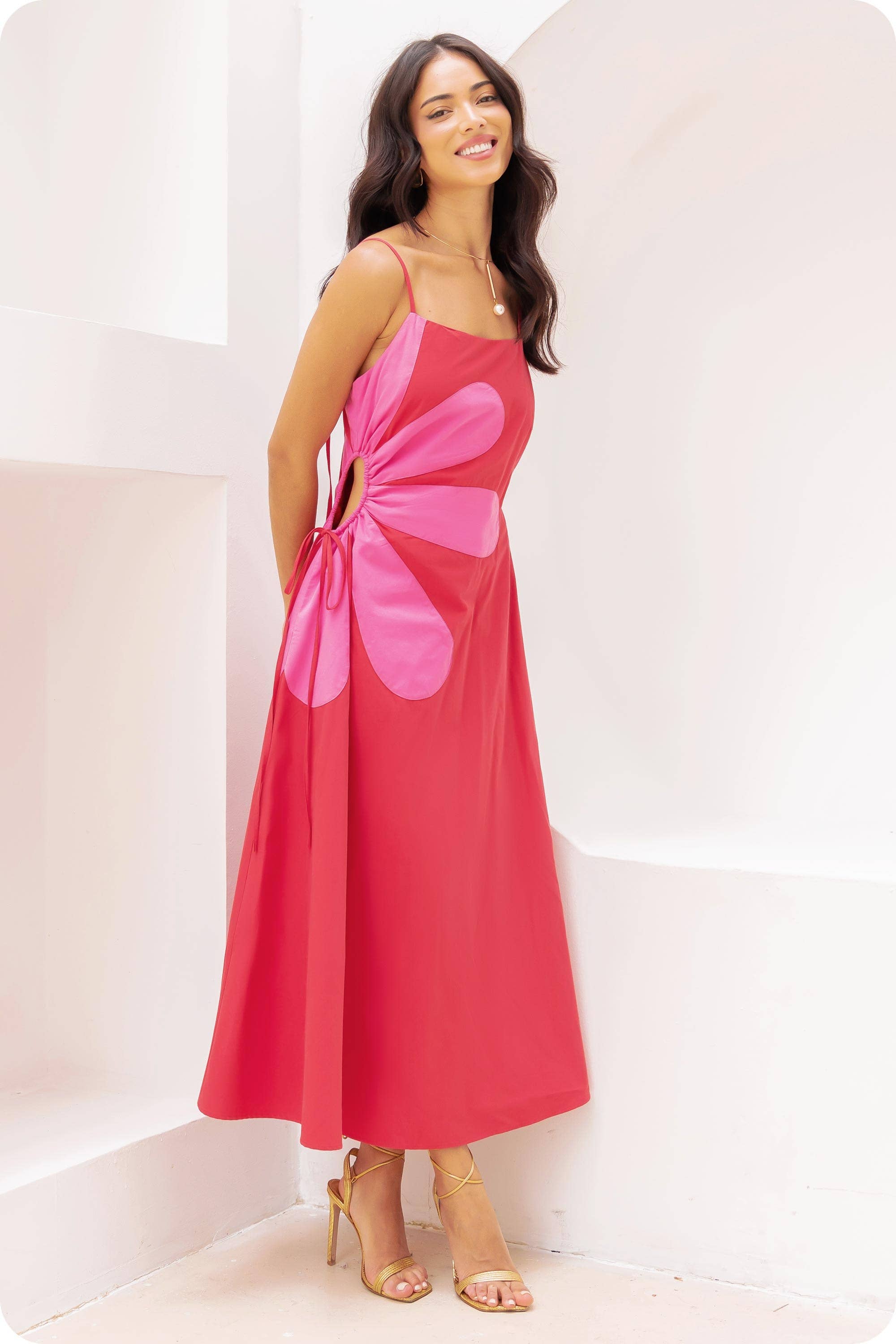 Sleeveless Side Cut-Out Flower Detail Midi Dress