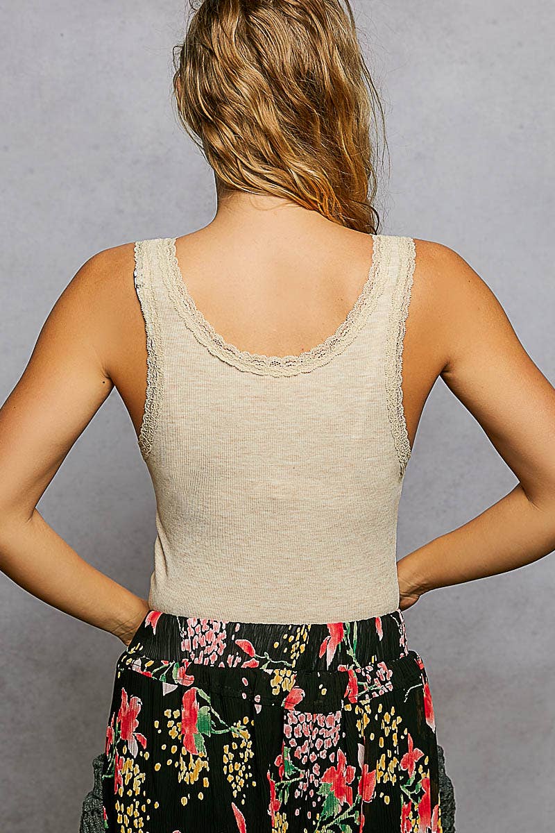 Lace Trim Solid Round Neck Sleeveless Basic Knit Top