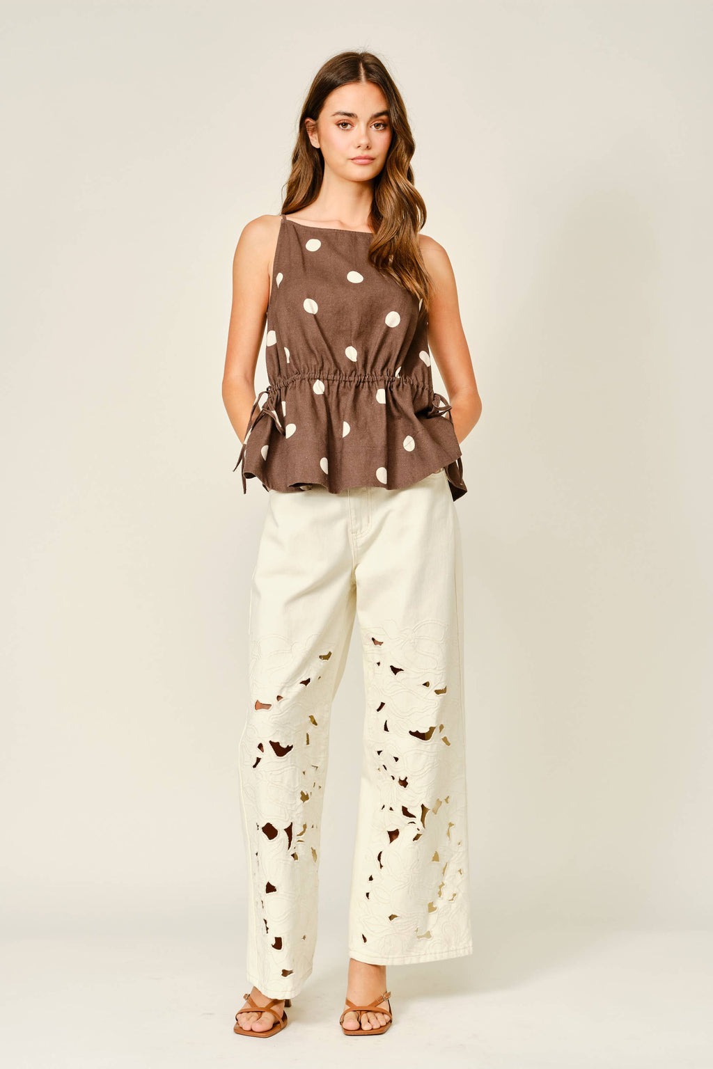 CUT OUT EMBROIDERED STRAIGHT PANTS