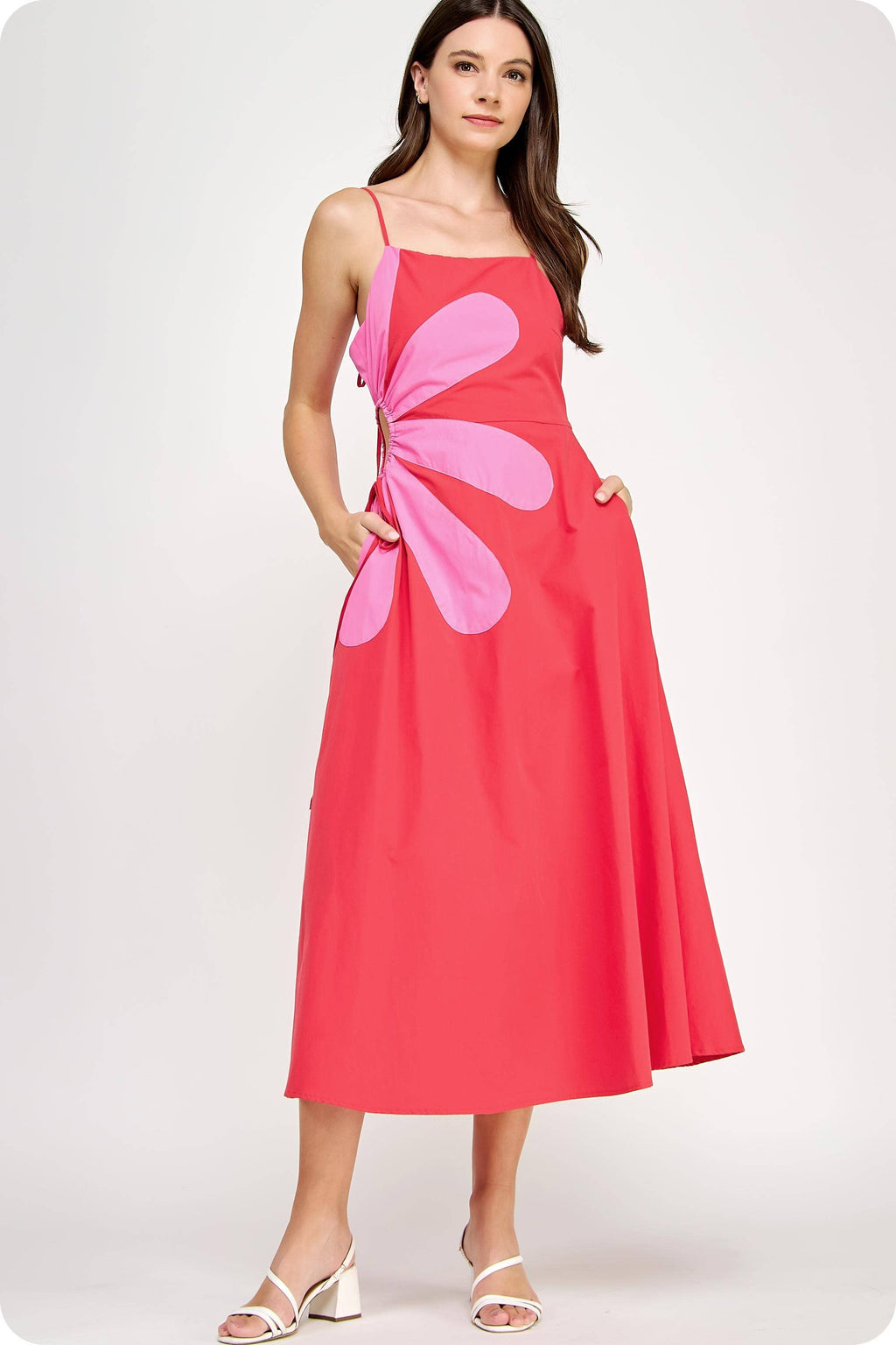 Sleeveless Side Cut-Out Flower Detail Midi Dress
