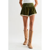 VELVET HIGH-WAIST LACE TRIM SHORTS