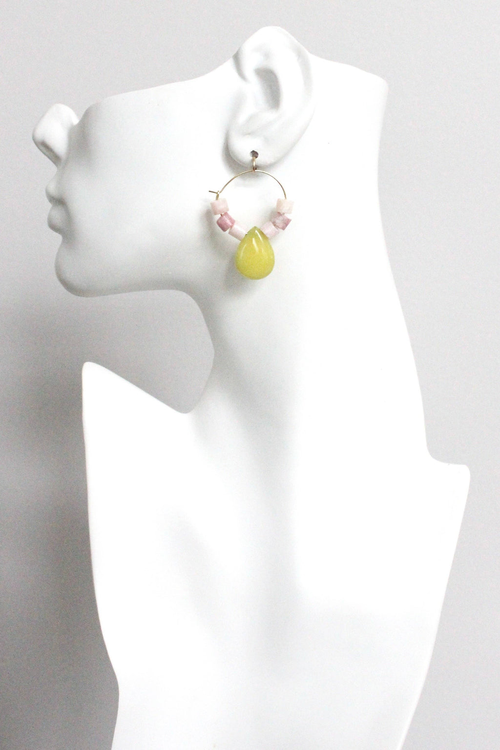 Rhodochrosite and jade hoop earrings